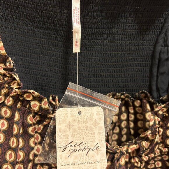 Free People Anthropologie Boho Gingham Brown Smock Dress Size XL NWT - Picture 3 of 4